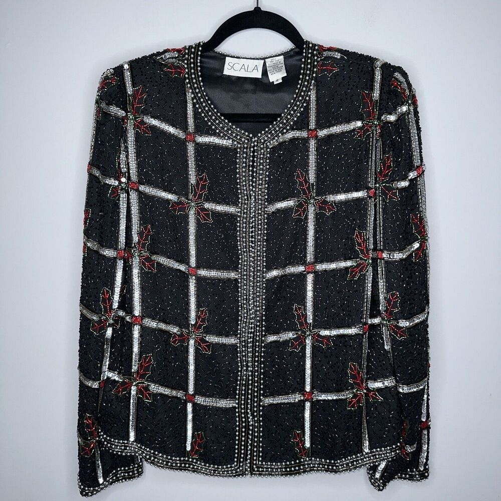 SCALA Women’s VTG Silk Beaded Holiday Jacket Lined Blazer Christmas Size Medium